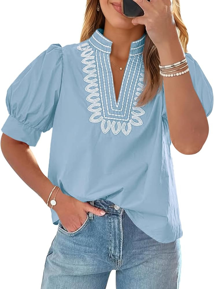 Cicy Bell Womens Puff Short Sleeve Blouses Summer Casual Dressy Embroidered V Neck Tops Loose Fit... | Amazon (US)