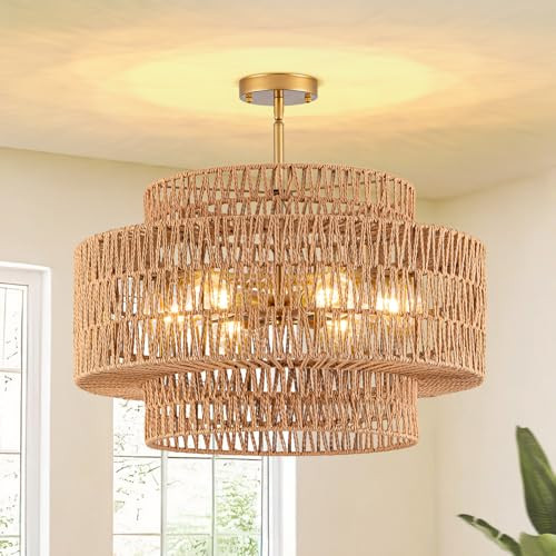 23.6" Rattan Ceiling Light Fixture, 6-Light Semi Flush Mount Boho Ceiling Light, Wicker Light Fix... | Amazon (US)