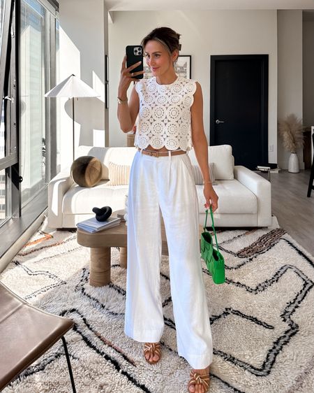 The ultimate spring outfit! Versatile for going out and still comfy! All on sale right now 
Fits tts/25/xs
Crochet top 
Linen pants lined. Regular 

#LTKsalealert #LTKstyletip #LTKSeasonal
