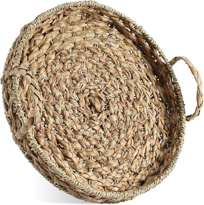 Large 16 Inch Round Woven Serving Tray with Handles Oversized Wicker Tray Decorative Wicker Baske... | Amazon (US)