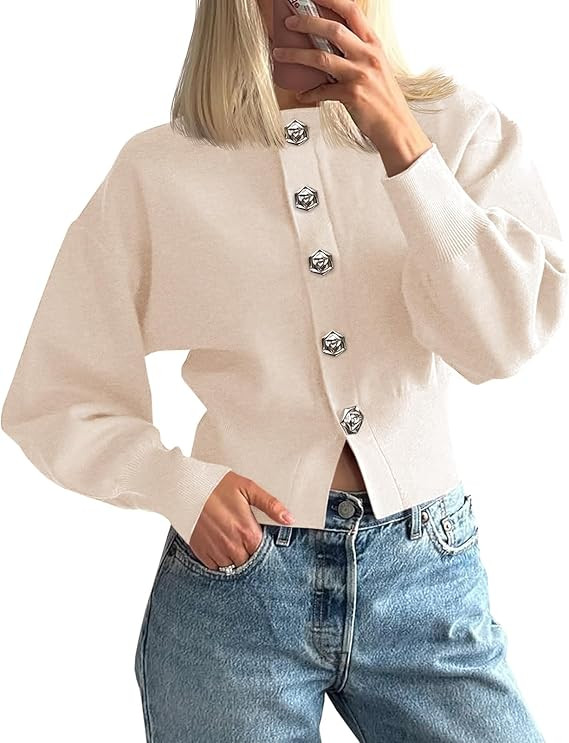 Saodimallsu Womens Button Up Cardigan Sweaters Fall Trendy Long Lantern Sleeve Knit Crew Neck Swe... | Amazon (US)