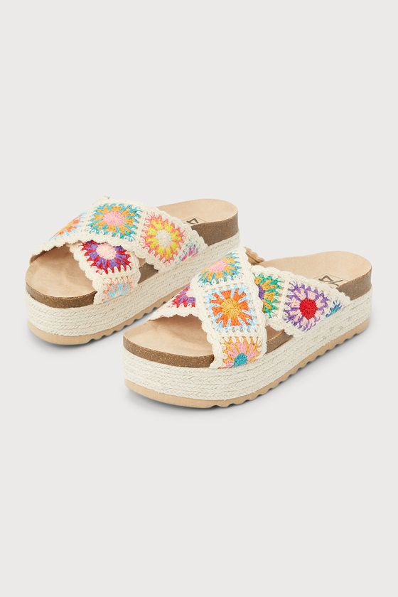 Plays Natural Multi Crochet Espadrille Flatform Slide Sandals | Lulus (US)
