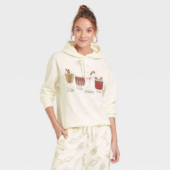 Women's Holiday Cocktails Hooded Graphic Sweatshirt - Ivory | Target