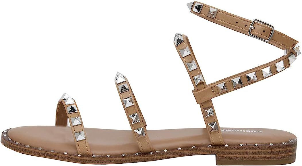 Women's Tatum Studded Ankle Strap Sandal with Memory Foam +Wide Widths Available TAN, 8 W | Amazon (US)