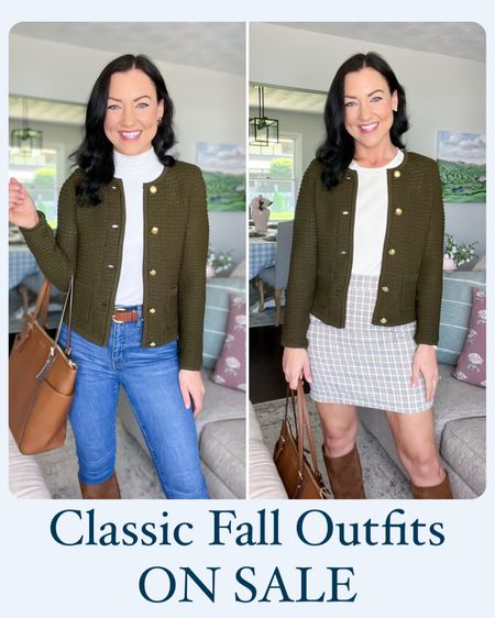 These classic fall outfits are both on sale!! I’ve been wanting a lady jacket sweater and this green one is so cute, I love the gold buttons! Pair with a sleeveless mock neck, jeans, and tall boots or with an ivory sweater, fall plaid mini skirt, and tall boots. All items fit TTS. Wearing a petite XS in the lady sweater and small in ivory tops. Ivory tops are non-sheer! 

Classic style, preppy, mom outfit, ootd, fall fashion, sale, Talbots, Jcrew style, affordable #fallootd #sale #fallfashion #momstyle #preppy 

#LTKSeasonal #LTKfindsunder50 #LTKsalealert