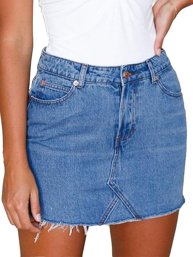 Justalwart Women's High Waisted Jean Skirt Fringed Slim Fit Elastic Bodycon Short Mini Skirt | Amazon (US)