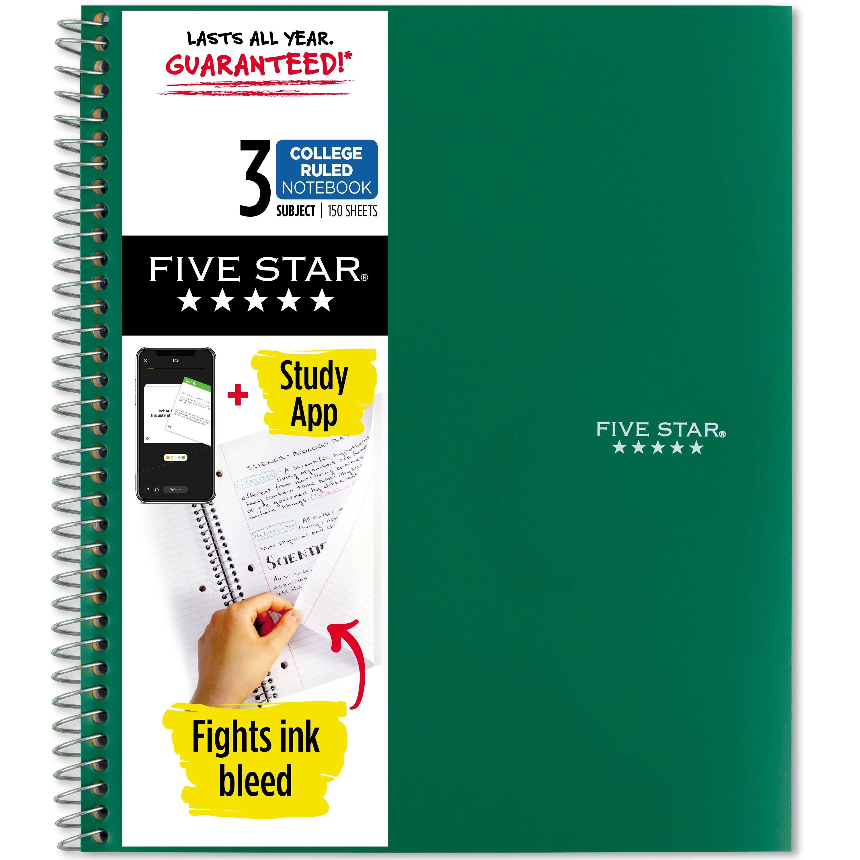 Five Star Wirebound Notebook Plus Study App, 3 Subject, College Ruled, Forest Green (820003C-WMT) | Walmart (US)
