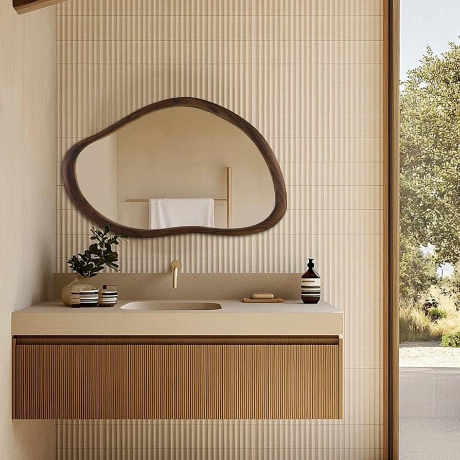 35"x24" Wood Bathroom Mirror Wall Mounted, Dark Walnut Irregular Wall Mirror, Rustic Farmhouse Va... | Amazon (US)