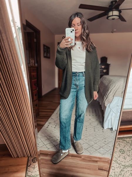 Wearing a size medium in the tee, small in cardigan and true size 25 in my jeans. I also linked a similar pair of jeans from the same brand. I sized down in my clogs because they stretch with wear. 

#LTKSeasonal #LTKfindsunder100 #LTKstyletip
