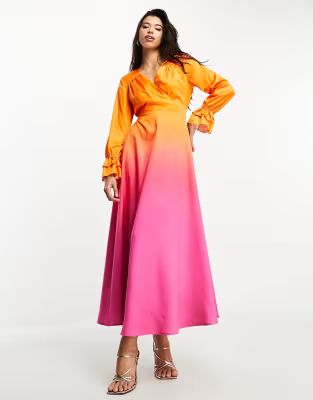 Flounce London long sleeve maxi dress in pink and orange ombre | ASOS (Global)