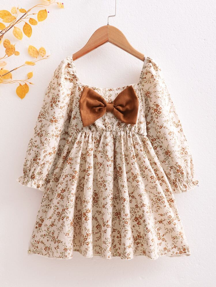 Toddler Girls Ditsy Floral Print Bow Front Flounce Sleeve Dress | SHEIN