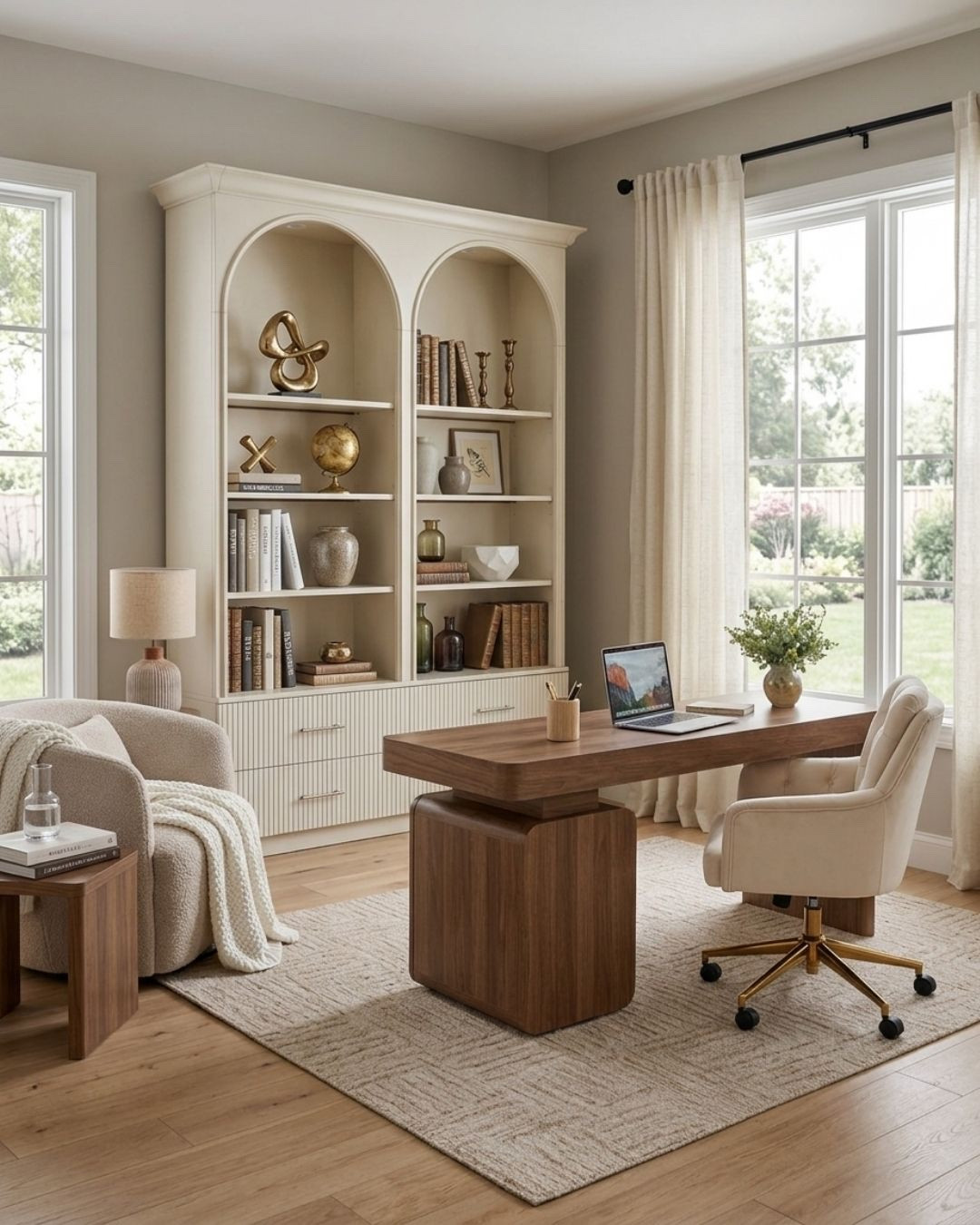 Cozy Modern Home Office Design

*Note: This is a digital room mockup showcasing product styling ideas from my room design mood board.

How to recreate this look:

 The Palette & Rug: A soft, earthy neutral color palette anchored by a subtly patterned, textured beige area rug.

 The Seating: A tufted cream desk chair with a sleek gold rolling base, paired with a cozy, rounded accent chair styled with a chunky woven white throw blanket.

 The Furniture: A statement wood desk complemented by a grand double-arched cream display cabinet featuring elegant reeded drawer fronts.

 The Details: Soft, semi-sheer white curtains, paired with a textured ceramic table lamp, and shelf decor.

#HomeOfficeDesign #CozyInteriors #HomeOffice #WorkatHome #HomeOfficeDecor

#LTKHome