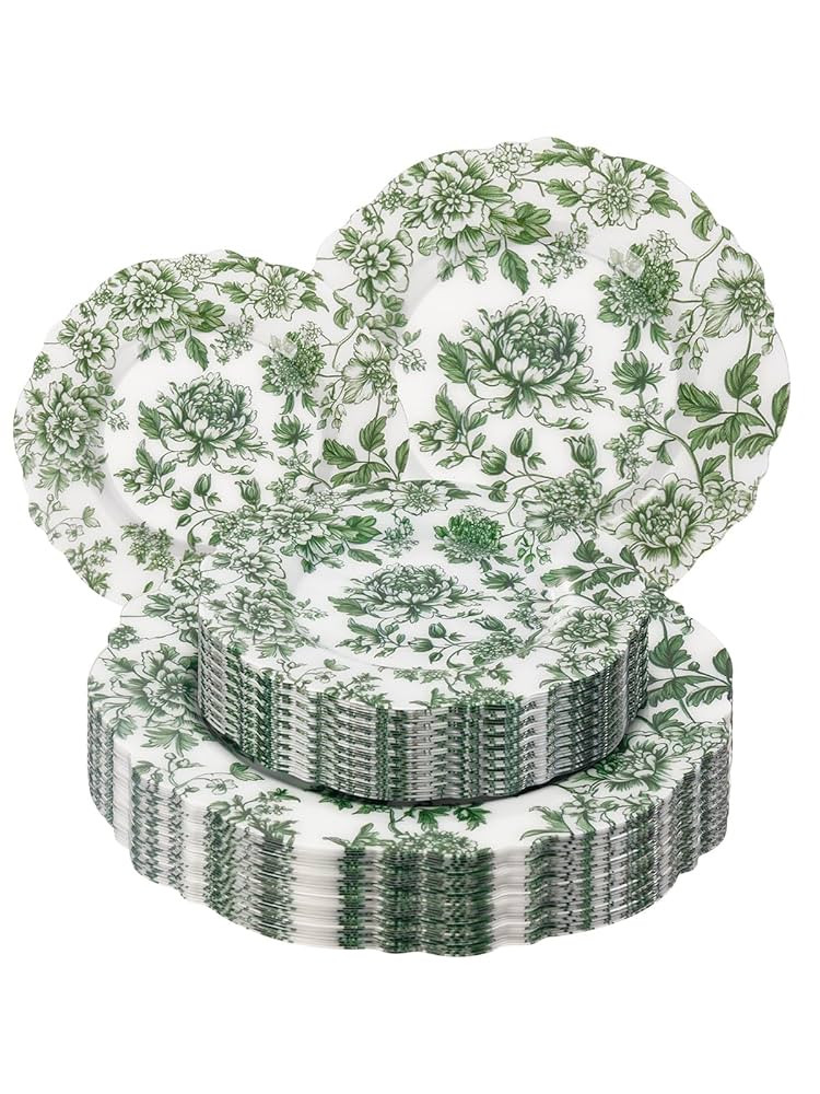 WDF 20PCS Green Plastic Plates Floral - Baroque White and Green Plates - Floral Party Decorations... | Amazon (US)