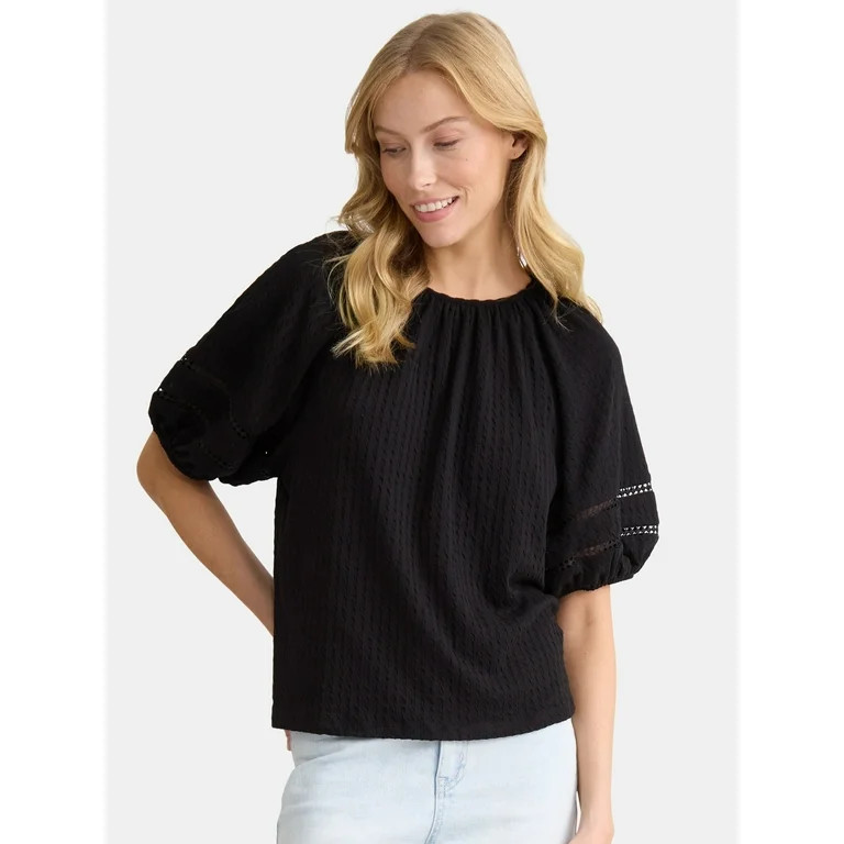 Time and Tru Women's Lace Trim Top with Puff Sleeves, Sizes XS-XXXL | Walmart (US)