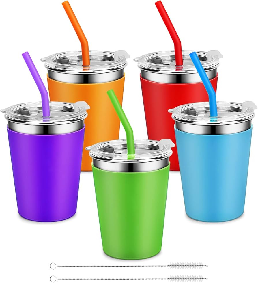 5 Pack Kids Cups with Silicone Straws and Lids 12oz Stainless Steel Water Drinking Bottle with No... | Amazon (US)