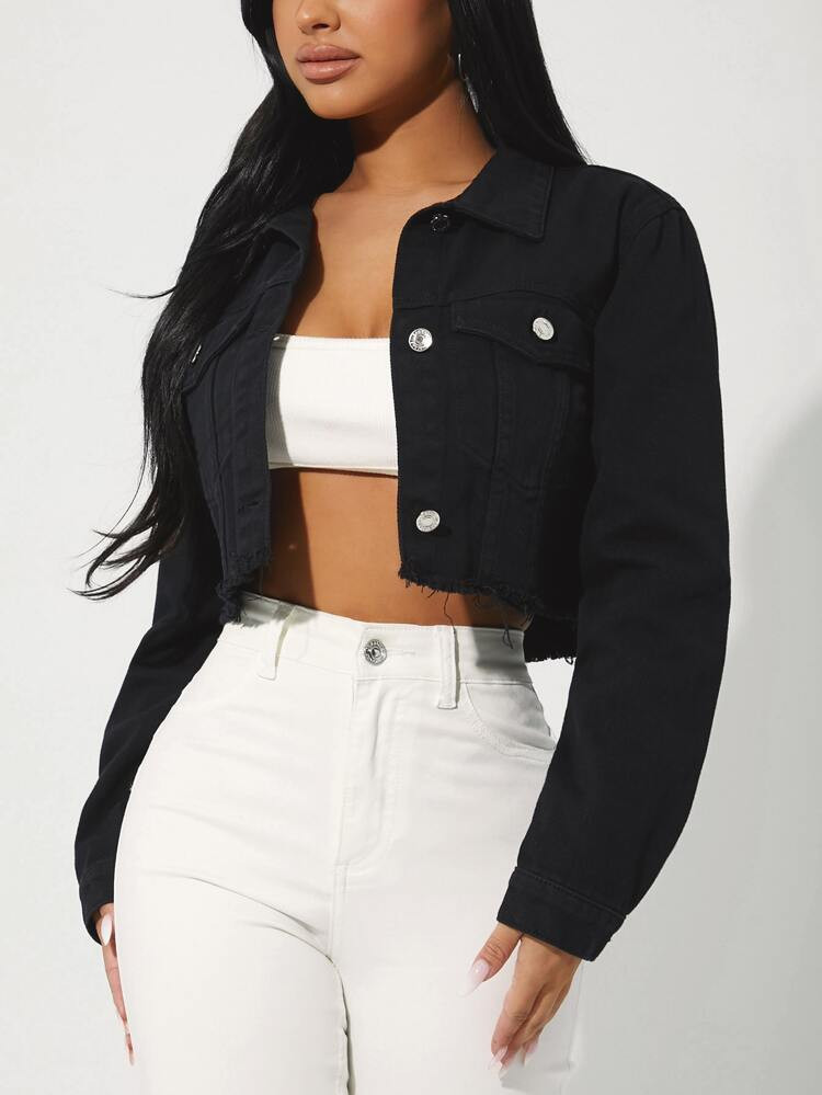 SHEIN PETITE Flap Pocket Raw Hem Denim Jacket | SHEIN