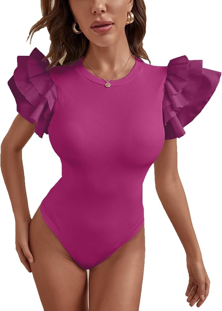 Romwe Women's V Neck Ruffle Mesh Sleeve Stretchy Party Romper Bodysuit | Amazon (US)