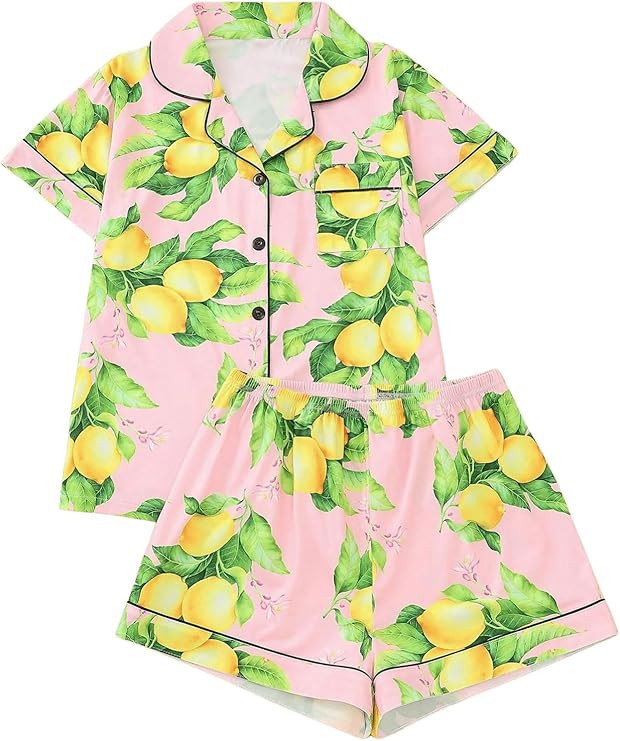 Verdusa Women's 2 Piece Sleepwear Button Down Pajama Sets Short Sleeve Shirt and Shorts | Amazon (US)