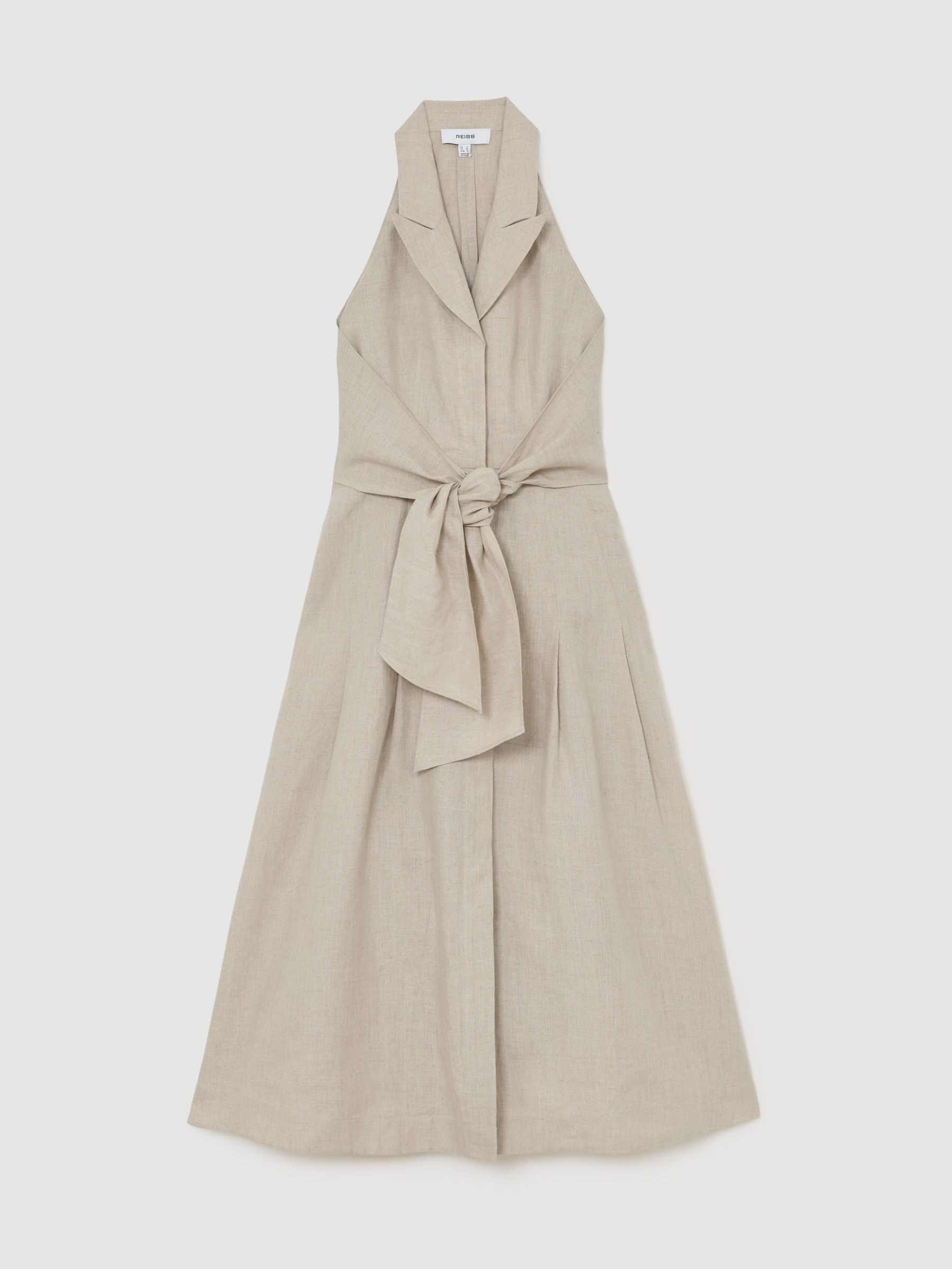 Reiss Petite Linen Tie-Waist Tailored Midi Dress in Neutral - REISS | Reiss UK