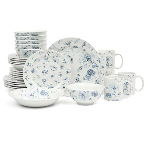 Martha Stewart Empress Bouquet 30 Piece Decorated Porcelain Chip and Scratch Resistant Dinnerware Plates and Bowls Set - Blue Floral | Amazon (US)