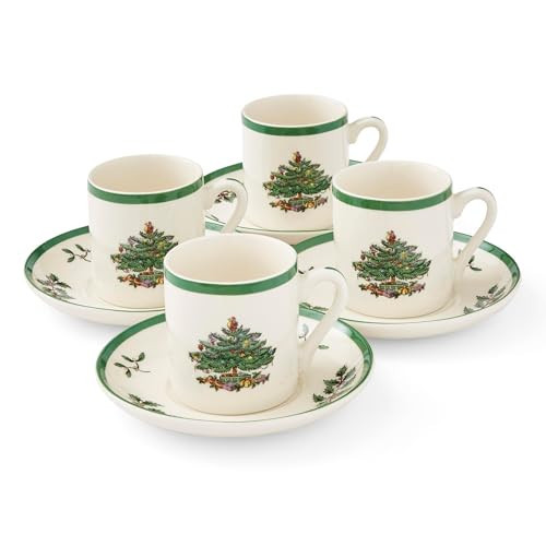Spode Christmas Tree Espresso Cup & Saucer Set (Set of 4) - Festive 3 Ounce Coffee Mugs with Saucers, Fine Earthenware for Espresso, Holiday Gift & Christmas Décor - Dishwasher & Microwave Safe | Amazon (US)