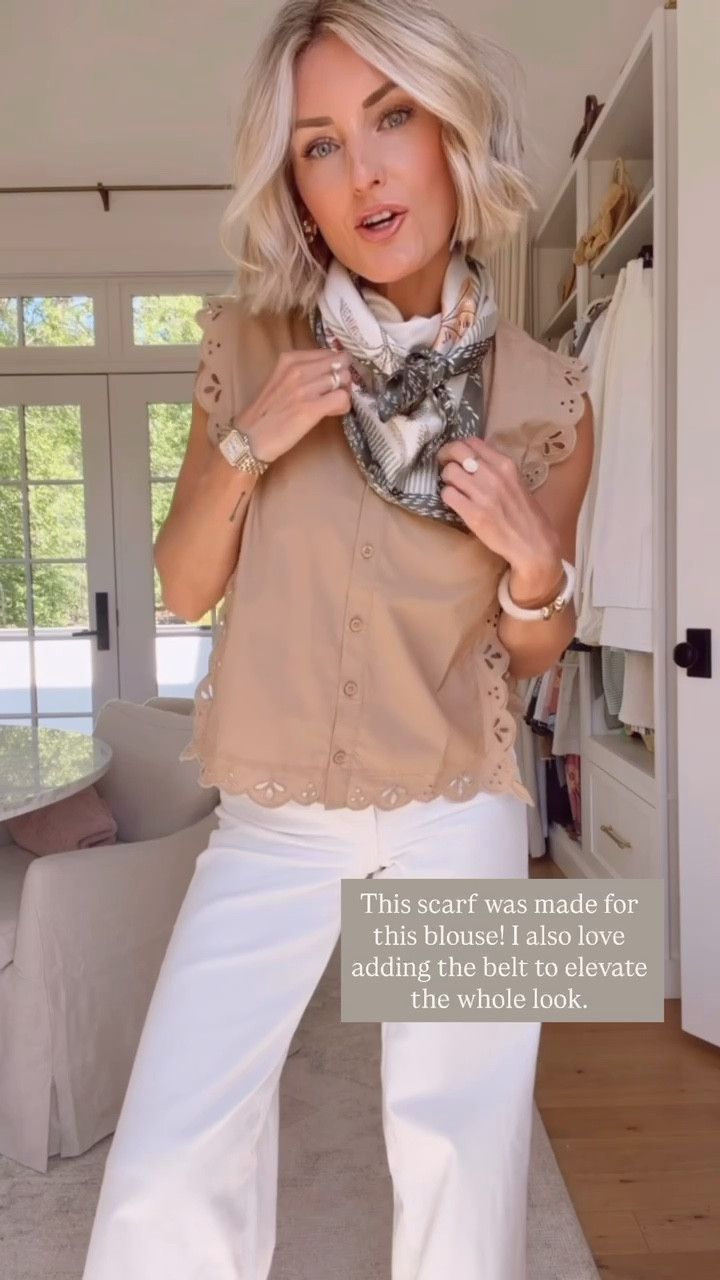 Another way to style your silk scarf! I love how it instantly elevates any look! Wearing XS/4. Loverly Grey, Loft, silk scarf, satin scarf, Target find, white denim outfit, white jeans outfit, spring fashion, spring outfit ideas

#LTKSeasonal #LTKootd