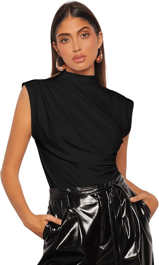 Verdusa Women's Casual Mock Neck Sleeveless Ruched Tank Top Work Out Shirt | Amazon (US)