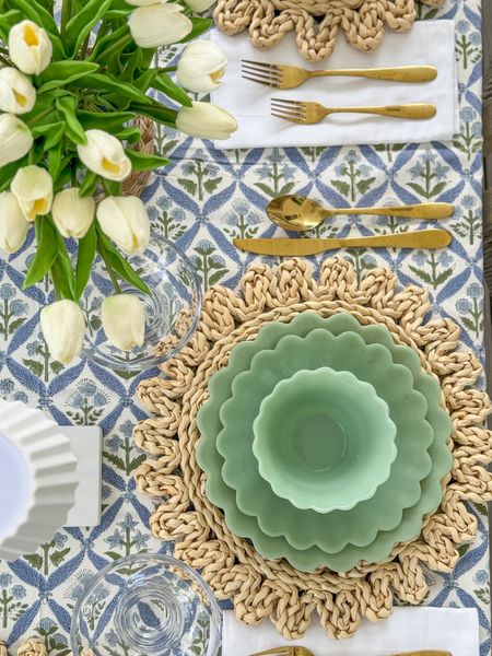 Spring tablescape finds on our screened in porch! 🌷 I couldn’t be more excited that spring is finally here! Meals outside are my favorite, so I gave our outdoor dining area a little spring refresh! These simple and chic swaps made such a big impact to the vibe in this space. From the gorgeous block print tablecloth, to the jade scalloped dishes, to the gold flatware and seagrass wrapped vase (that doubles as a candle hurricane) to the “pleated” cordless rechargeable lamps - they’re all on trend, affordable, and all from Walmart! They’re perfect for brunch, showers, Mother’s Day, graduation or any meal you want to make feel more special! Also linking our stackable rope dining chairs, white outdoor dining table and rope chandelier.
.
#ltkhome #ltkfindsunder50 #ltkfindsunder100 #ltkseasonal #ltkparties #ltksalealert spring table decor, entertaining ideas, party decor #LTKsalealert #LTKhome

#LTKSeasonal #LTKSaleAlert #LTKHome