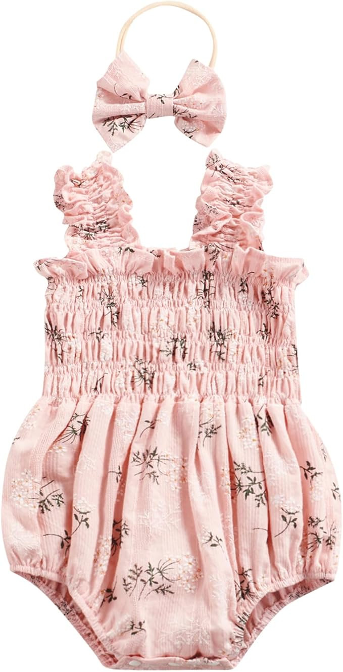 Twopumpkin Baby Girl Summer Clothes Muslin Bubble Romper Short Sleeve Ruffle Onesie Smocked Outfi... | Amazon (US)