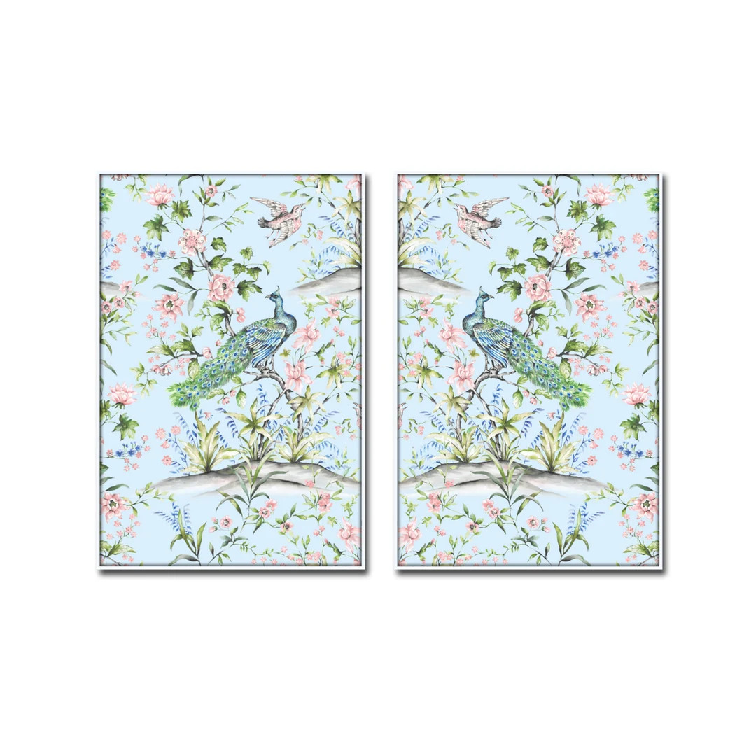 French Blue Chinoiserie Watercolor Print Set No. 2, Bird and Botanical Print Set, Preppy Art, Bot... | Etsy (US)