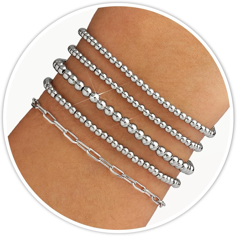 Amazon.com: shownee Silver Bracelets for Women Silver Beaded Bracelet 14K Silver Plated Stretch B... | Amazon (US)