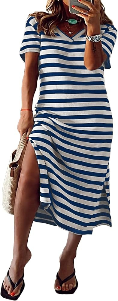 Eytino Womens Plus Size Maxi Dress V Neck Short Sleeve Striped Side Slit Dresses (1X-5X) | Amazon (US)