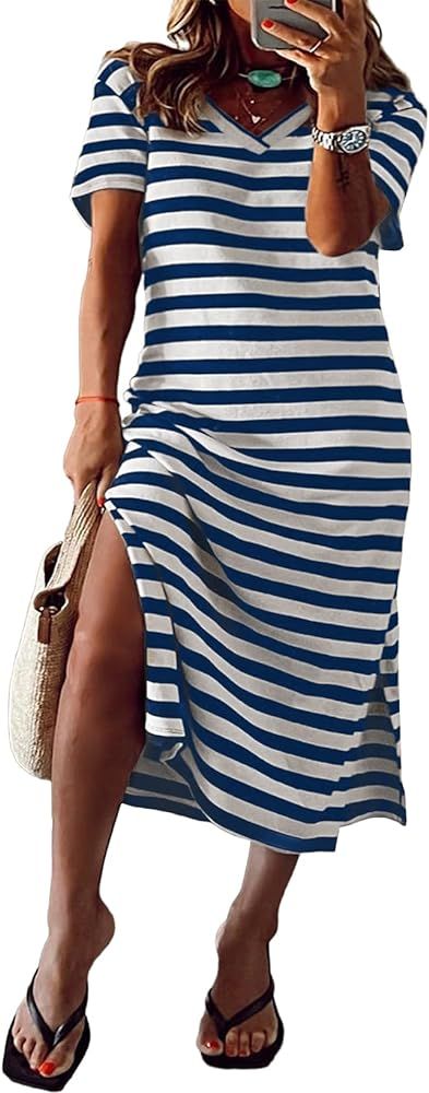 Eytino Womens Plus Size Maxi Dress V Neck Short Sleeve Striped Side Slit Dresses (1X-5X) | Amazon (US)