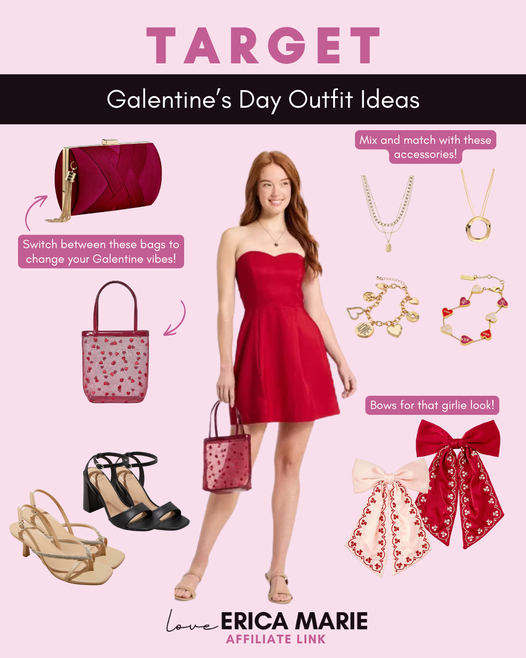 Sharing a Galentine’s Day outfit idea using Target finds. This dress looks even better styled with fun accessories like bracelets, bags, and bows. An easy look for celebrating with your girls. 

 #LTKValentine #LTKgrwm #LTKootd