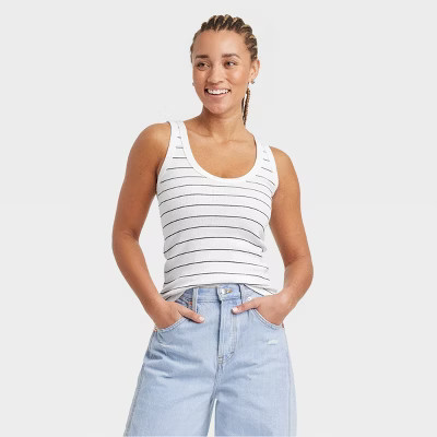 Women's Tank Top - Universal Thread™ Navy Blue Striped L: Cotton Blend, Scoopneck, Pullover, Mi... | Target