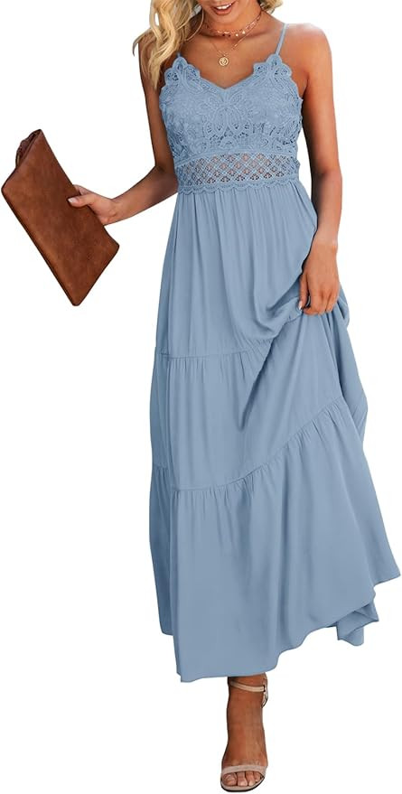 Dokuritu Women's Beach Crochet Lace Maxi Dress Solid Color Summer Vacation Spaghetti Strap Long D... | Amazon (US)