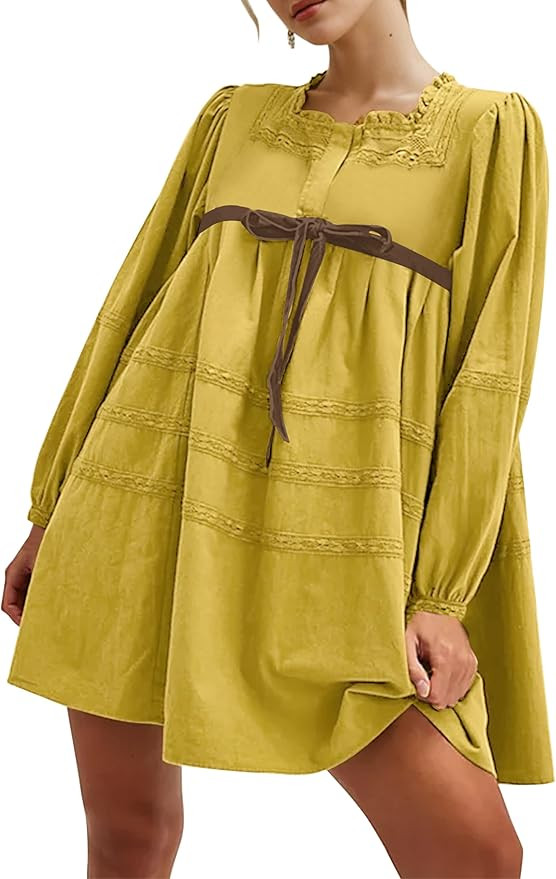 MISSACTIVER Women Long Puff Sleeve Flowy Mini Dress Cute Bow Tie Front Babydoll Dress Trendy Embr... | Amazon (US)