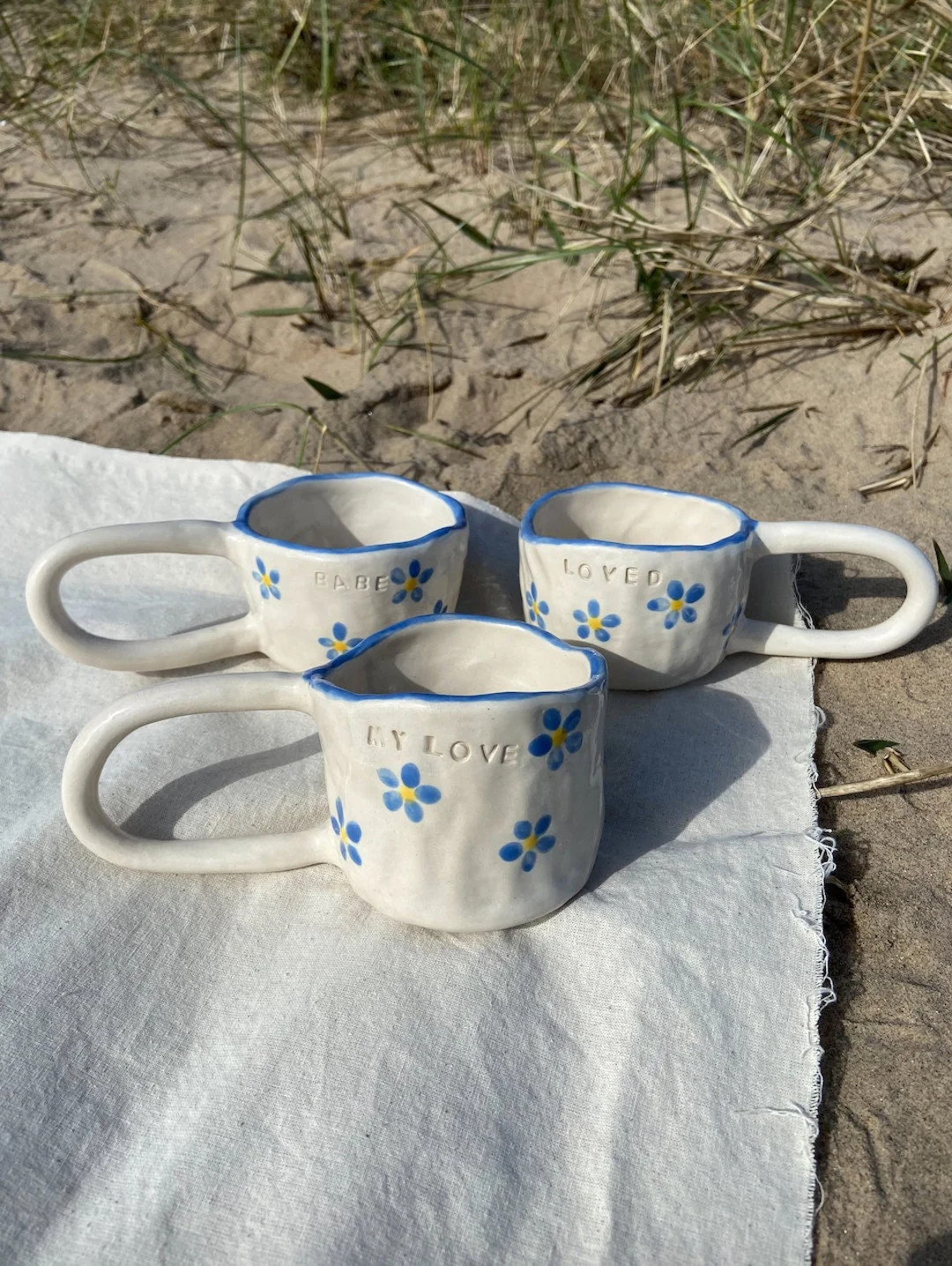 MY LOVE Scandi handmade mug with hand-painted blue floral and exaggerated handle | Etsy (UK)