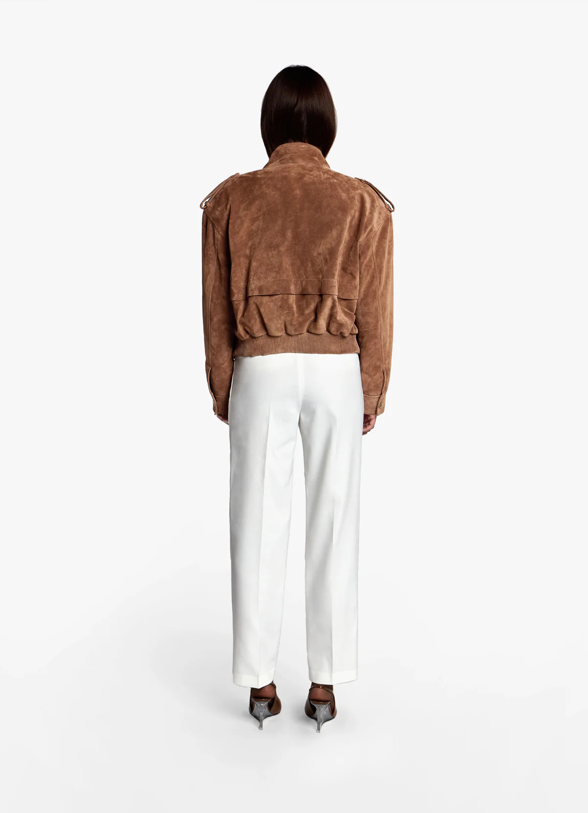 Mocha Suede Cropped Bomber Jacket | DE SAVARY LONDON