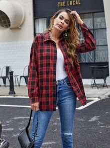 Plaid Button Up Longline Blouse | SHEIN