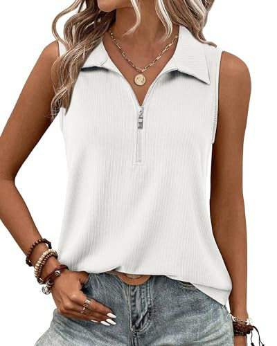 Vivilli Womens Summer Tops White Tank Top Woman Sleeveless Business Casual Ribbed Tank Top Zipper V Neck Dressy Casual Cute Tops Work Blouses Camisole Tops Polo Shirts Fashion Clothing White M | Amazon (US)