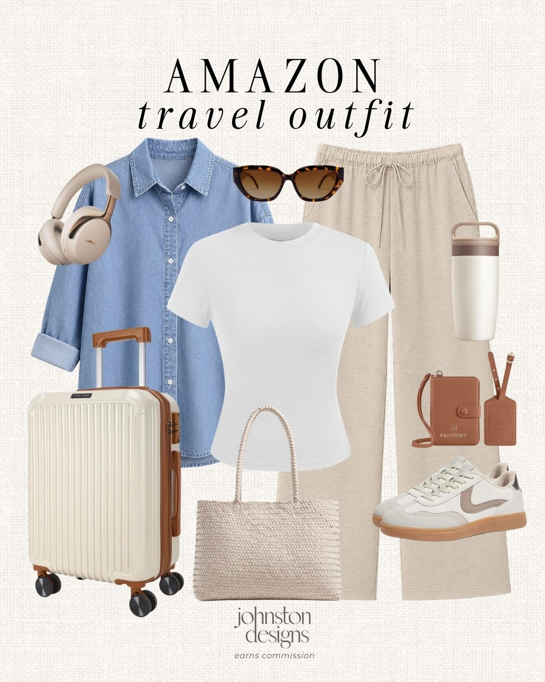 Amazon travel outfit with comfy neutrals, a denim layer and easy sneakers for airport days or road trips. Love this mix for staying polished, cozy and ready to go. ✈️

Amazon travel outfit, airport outfit, denim shirt, white tee, lounge pants, travel sneakers, carry on bag, woven tote, headphones, sunglasses, tumbler, passport holder, comfy style, neutral outfit, vacation travel, affordable finds 

 #LTKootd #LTKTravel