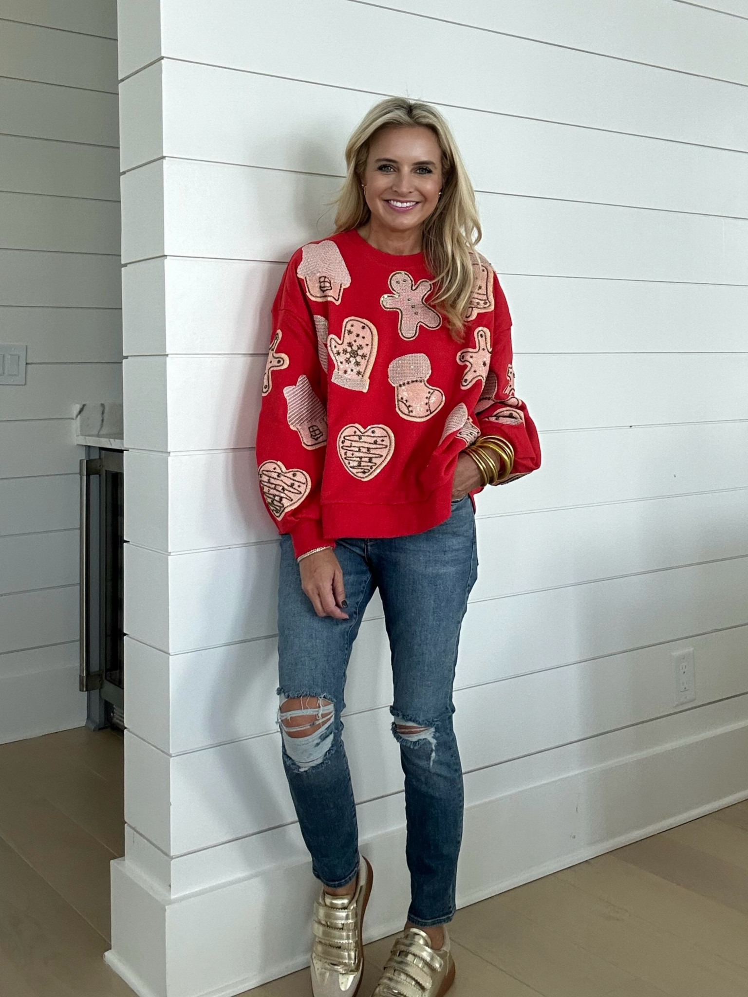 Loving this sweatshirt for the holidays. Wearing size small. Jeans are a 26. Use code FANCY15 for 15% off the sweatshirt. How fun are these gold shoes??

#LTKHoliday #LTKStyleTip #LTKSeasonal