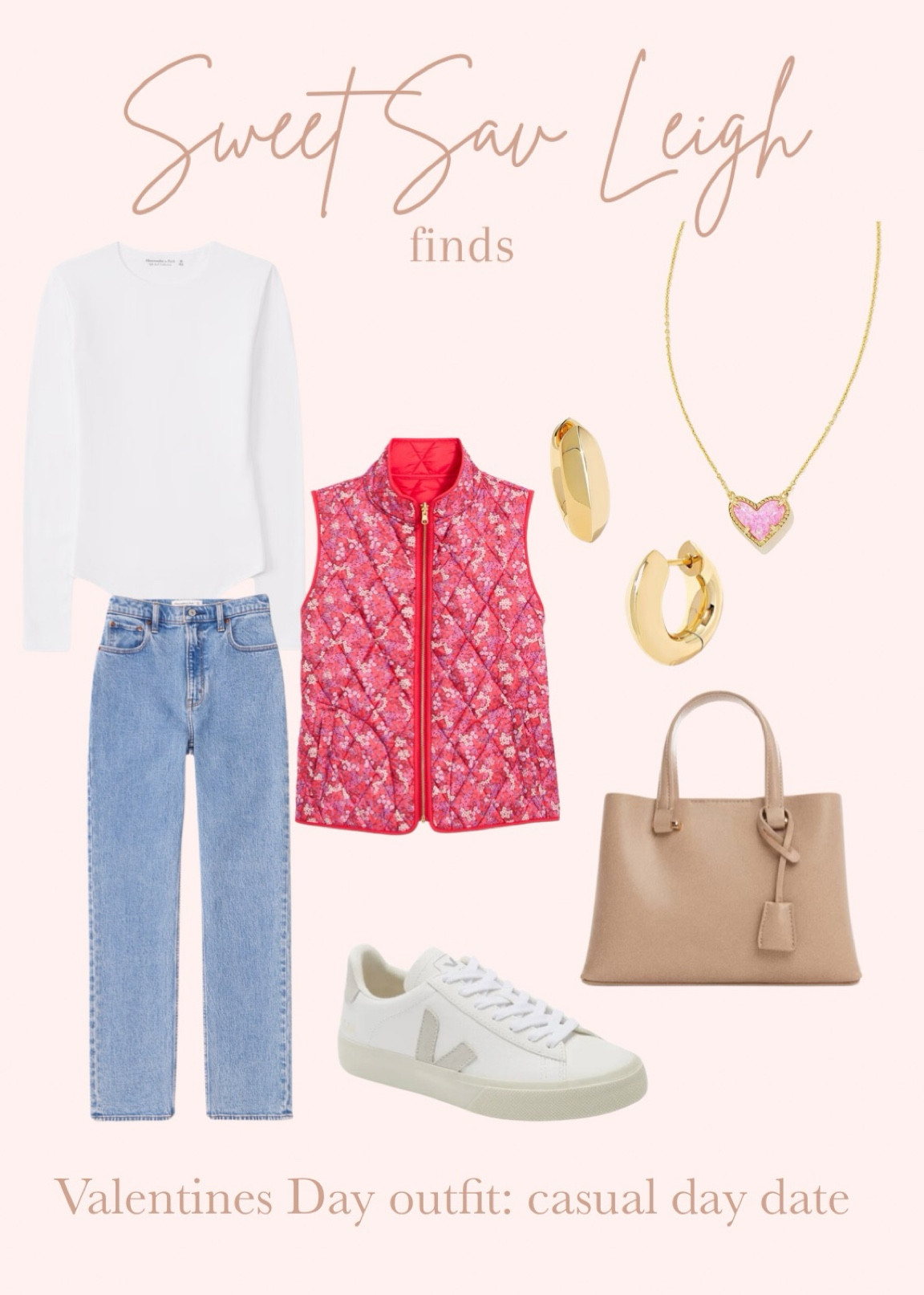 Valentine’s Day outfit idea: casual day date | pink vest, white sneakers, heart necklace, light denim, straight denim, winter outfit 

#LTKfindsunder100 #LTKstyletip #LTKSeasonal