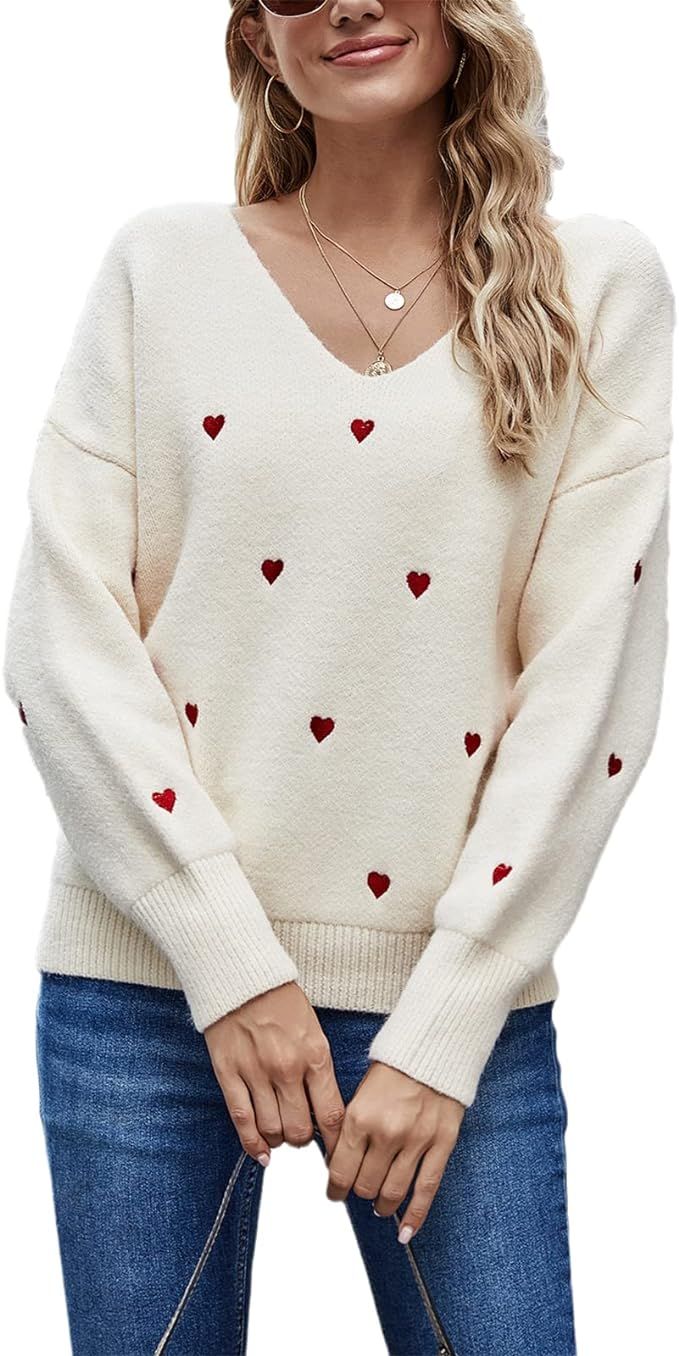 Women Cute Valentine Heart Graphic Jumper V-Neck Embroidery Knitted Loose Pullover Sweater Tops | Amazon (US)
