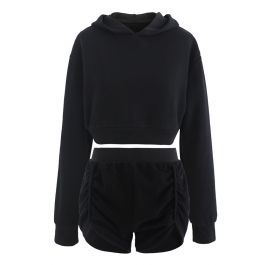 Cotton Blend Crop Hoodie and Shorts Set in Black | Chicwish