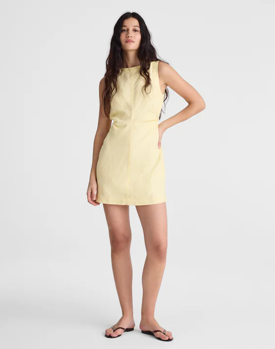 Boatneck Shirred Mini Dress in 100% Linen | Madewell