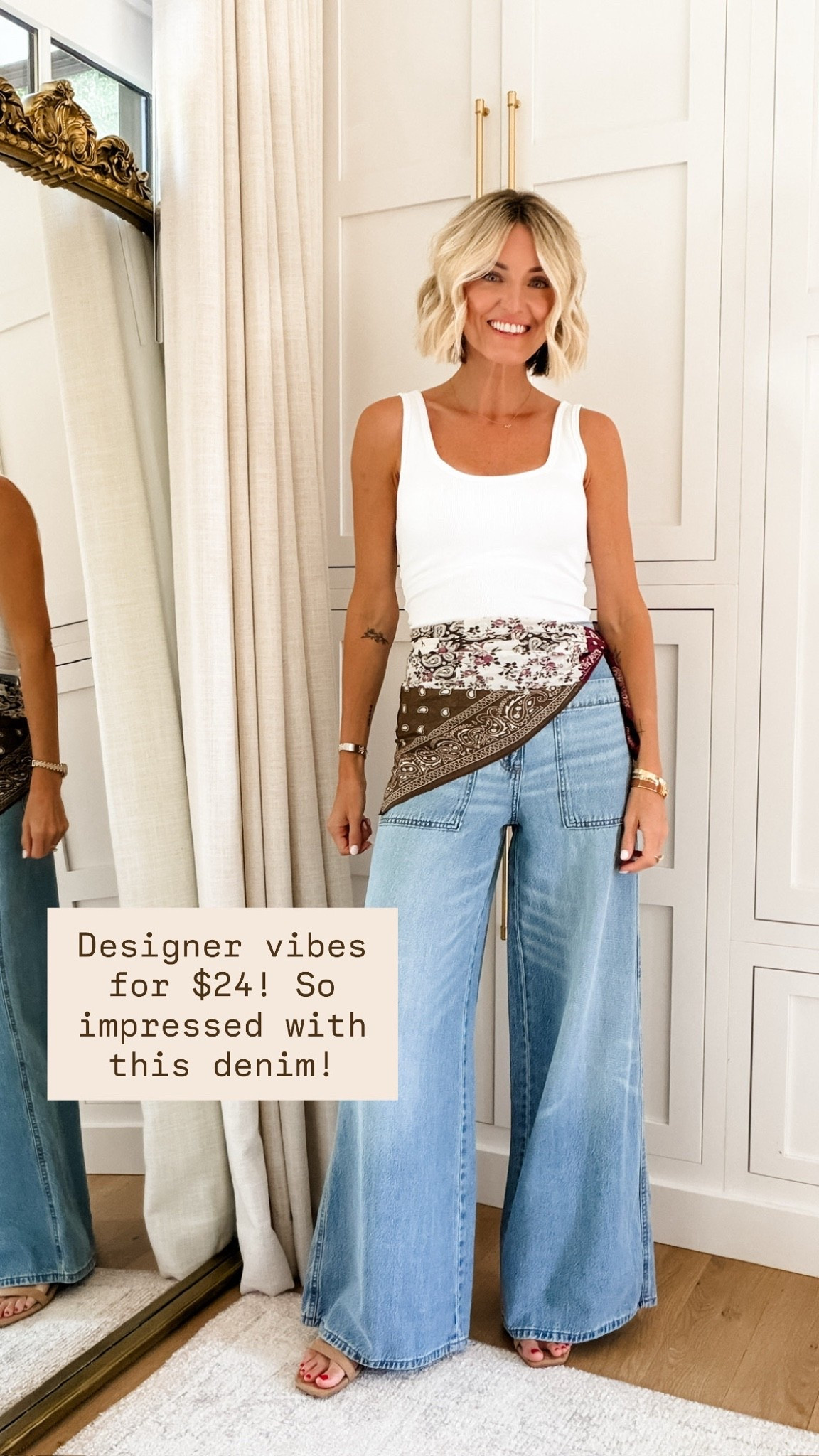 These wide leg jeans feel designer! They are really comfortable! They remind of the sweatpant jeans that are a higher price point! On sale now 👌🏼 Added a scarf around the waist for a fun pop of pattern and color. Wearing S/2! 

Loverly Grey, Target sale, wide leg jeans, white tank, closet staples, sweatpant jeans