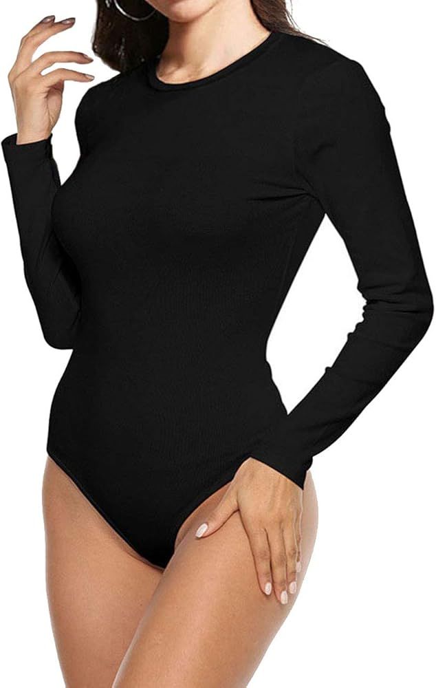 SUNRO Women's Sexy Long Sleeves Round Neck Basic Leotard Bodysuit Jumpsuit | Amazon (US)