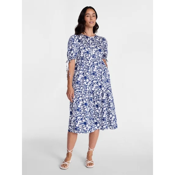 Time and Tru Women's Tiered Midi Dress with Tie Puff Sleeves, Sizes XS-XXXL | Walmart (US)